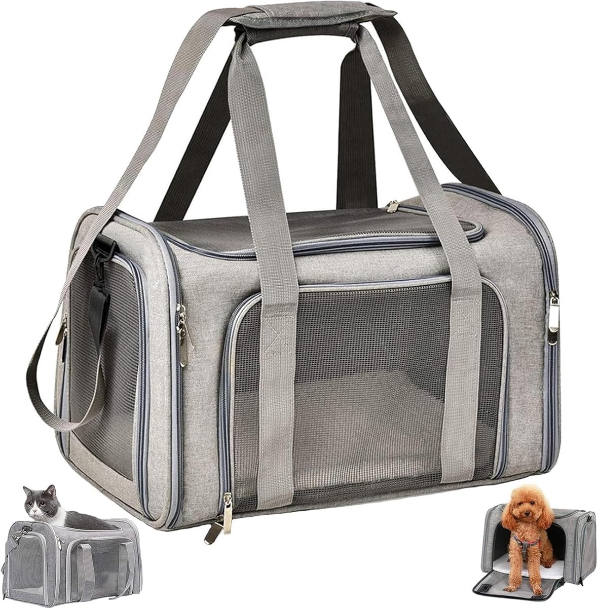 OYLCDI Draagtas voor huisdieren, hondenmand, transportbox, ademende en opvouwbare hondenbench voor katten tot 6 kg, met verstelbare schouderriem, kattentransportkooi met pluche matras