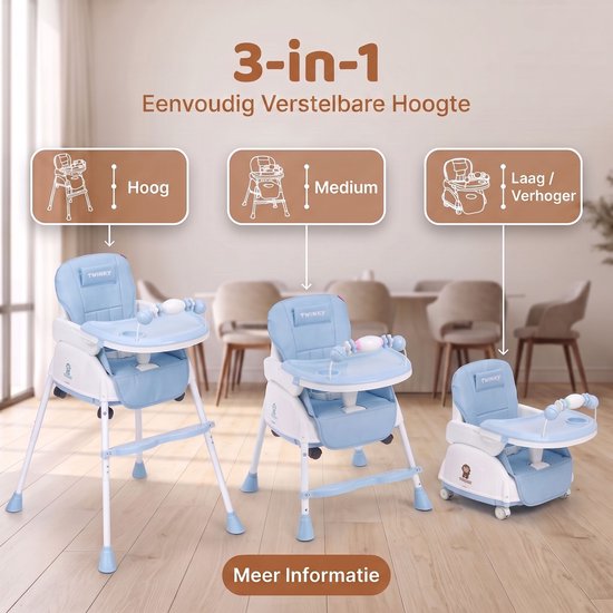 Twinky® Kinderstoel - 2-in-1 Kinderwagen Set - Blauw - Inklapbare Eetstoel & Baby Wagentje en Babystoel Voor Aan Tafel - Kinderzetel, Peuterstoeltje en Meegroeistoel in 1 van Twinky — afbeelding 5
