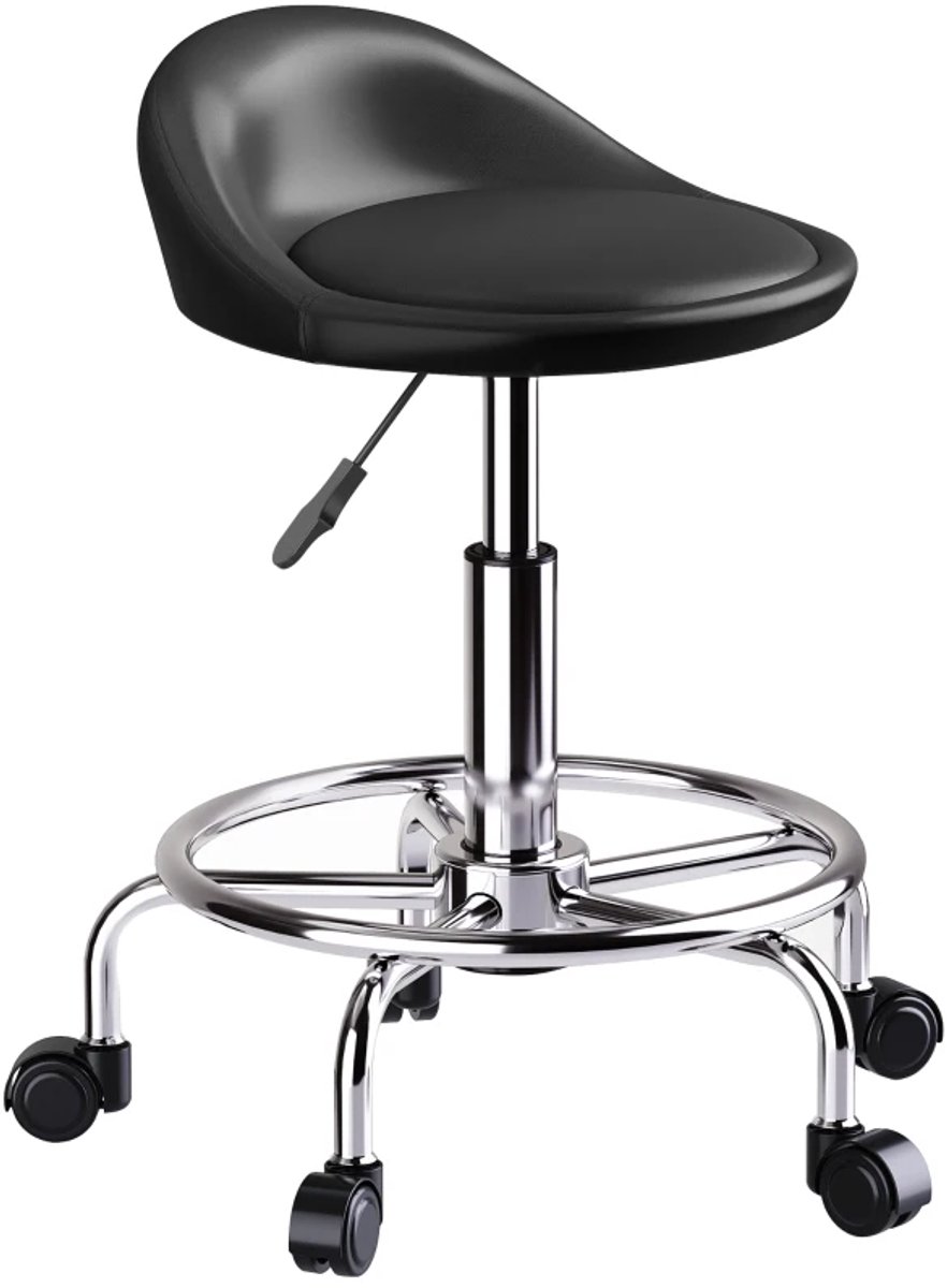 Zadelkruk op Wielen - Ergonomische Zadelstoel met Rugleuning - Kapperskruk - Tabouret - 360° Draaibaar - In Hoogte Verstelbaar - Kruk Stoel - Werkkruk - voor Kantoor, Salon, Massage, Spa - Zwart