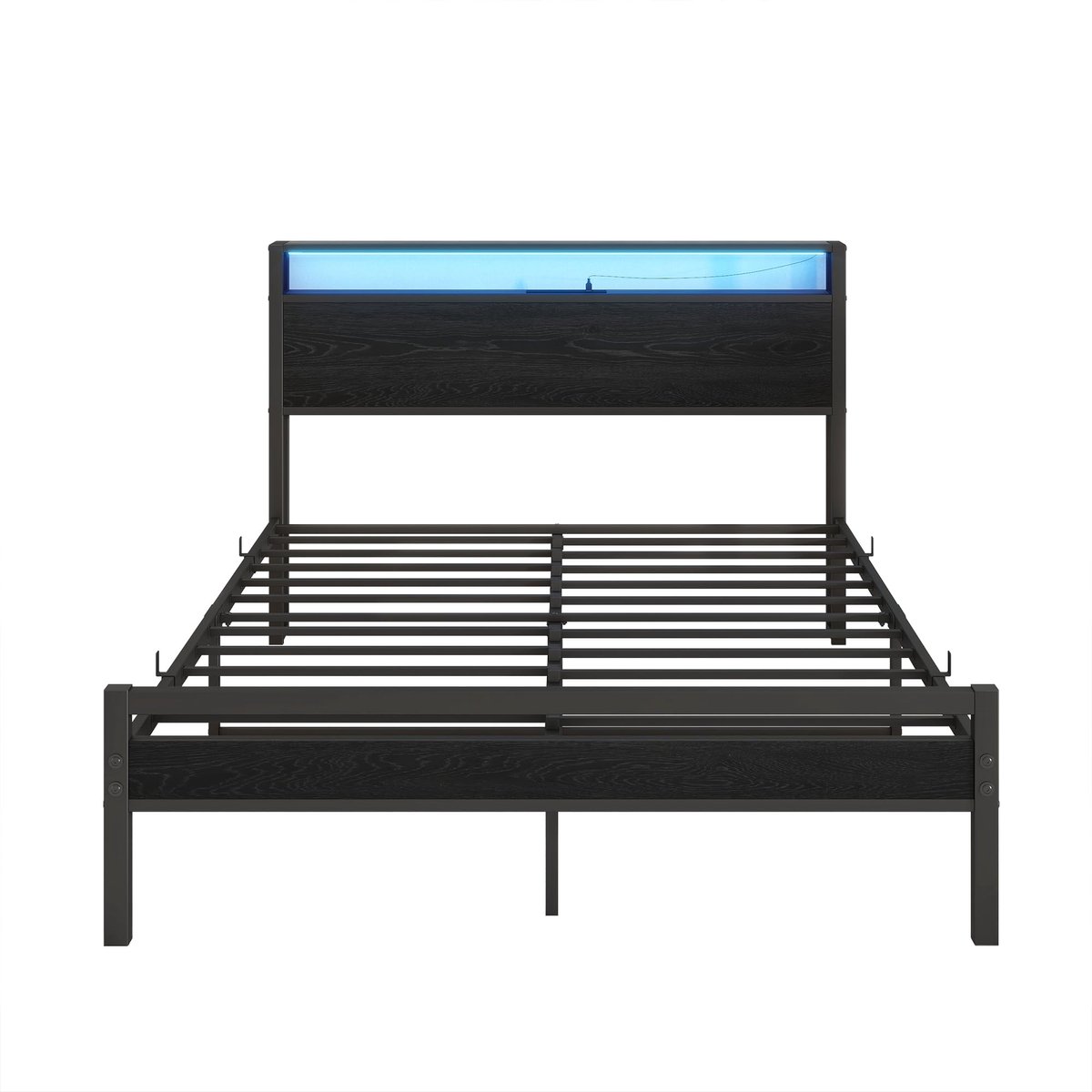 Merax Metalen Bed 140 x 200 cm - Hoofdbord Met Opbergruimte - LED Verlichting - USB en USB-C - Metalen Lattenbodem - Zwart