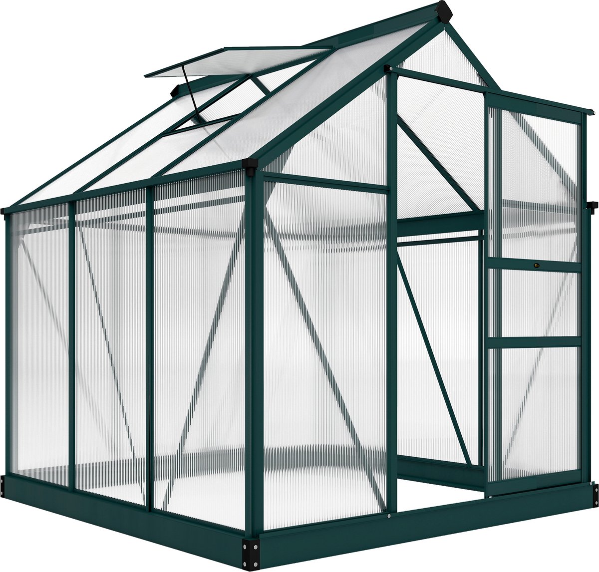 Tuinkas van polycarbonaat - aluminium broeikas voor de tuin - 190 x 192 x 201 cm - uv-bestendig - met versterkte fundering - dakgoot - dakraam en schuifdeur - donkergroen