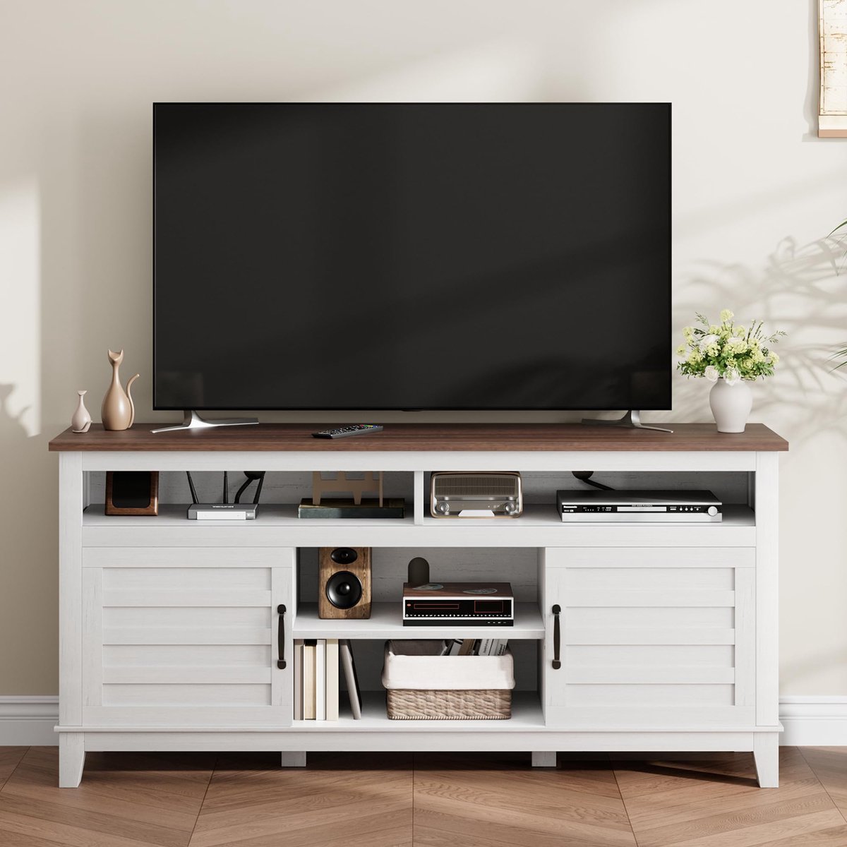 Triumpunpre TV-meubel 160 cm, tv-kast met deuren en verstelbare planken, mediameubel landelijke stijl bruin-wit, voor woonkamer