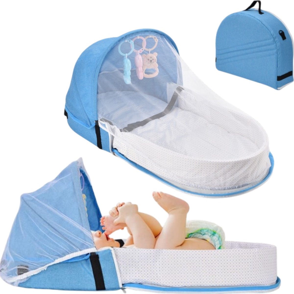 1 stuk - Reiswieg voor baby's - met muggennet en zonnescherm - draagbare babywieg - babybedje voor buiten - 80*40*45 cm - geschikt voor gebruik tijdens uitstapjes - blauw