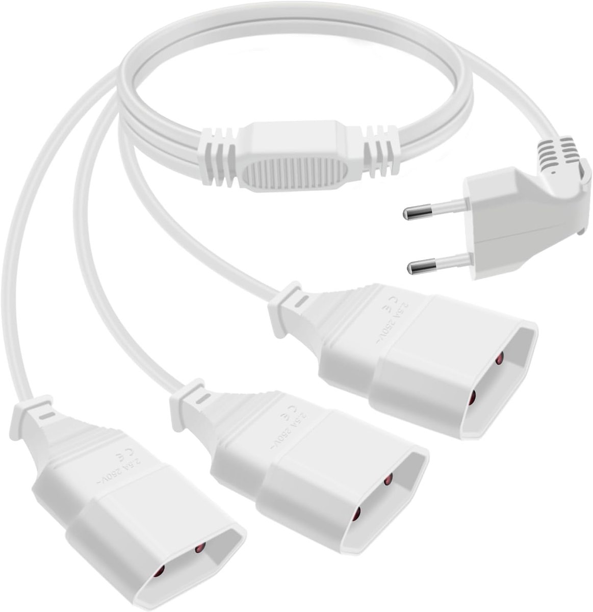 euro Plug 3 tot 1 Uitbreidingskabel Euro Plug 90° Distributor 3x Uitbreidingskabel Vlak naar Rond 2.5A 250V - voor Huishoudelijke Apparaten TV (wit - 1m)