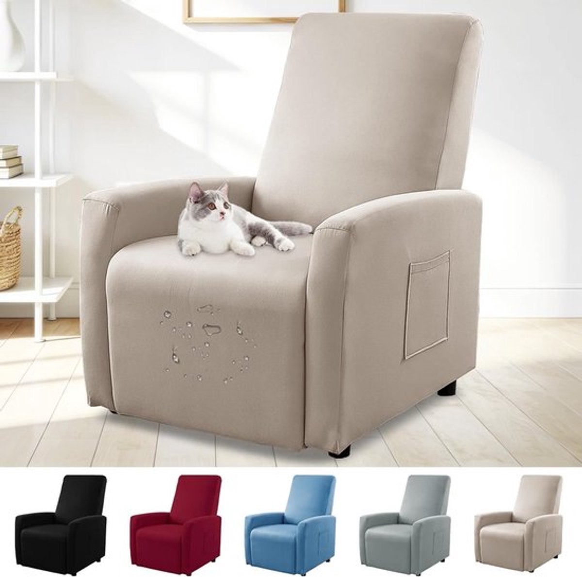 Waterdichte Recliner Hoes met Zakjes, Rekbare Stoelhoes voor Bescherming van Relaxstoelen en Tv-Stoelen, Elastische Stoelhoes in Lichtbruin
