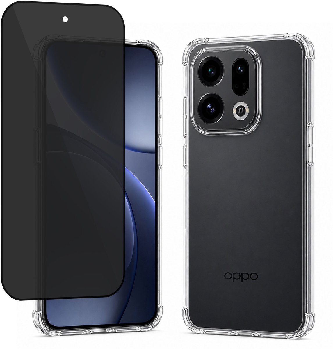Hoesje met Privacy screenprotector geschikt voor OPPO Find X9 5G - Luchtkussens - Siliconen Hoes - Gehard Glas - Transparant