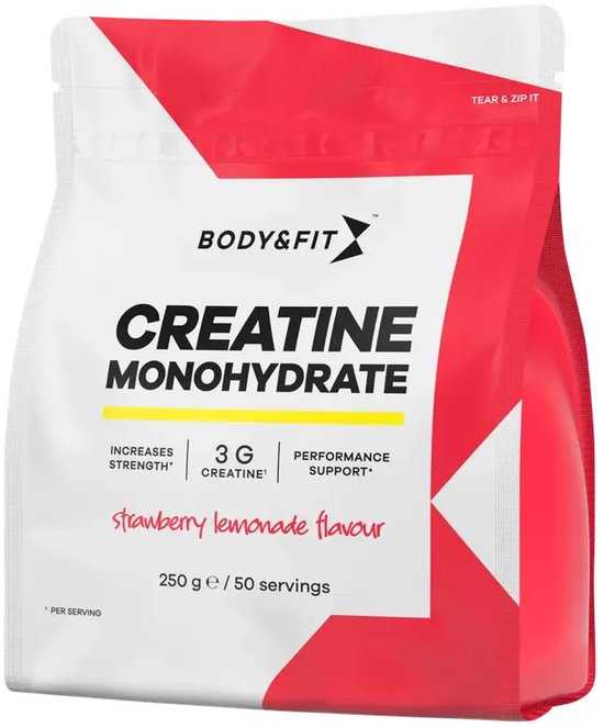Wit met rode Body & Fit Creatine Monohydraat zak, aardbei-limonadesmaak, 250g.