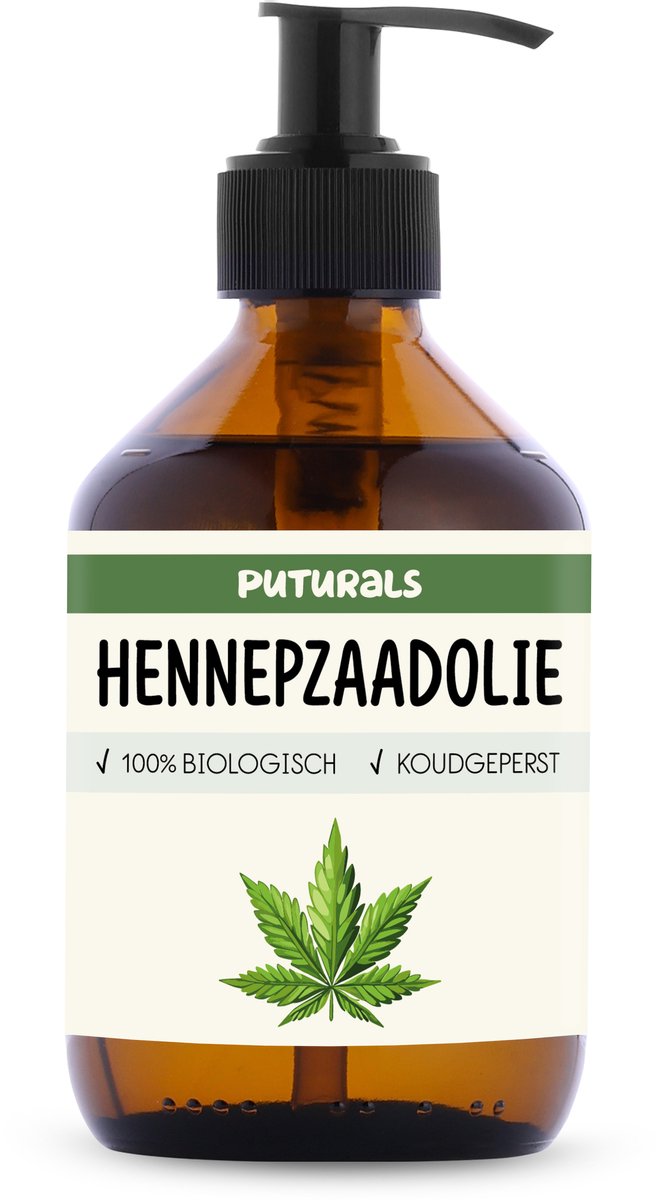Puturals Hennepzaadolie 100% Biologisch - 300ml - Koudgeperst en Puur - Hennepzaadolie voor Huid, Haar, Gezicht en Lichaam - Geschikt voor Honden - Bruine Glazen Fles + Pomp