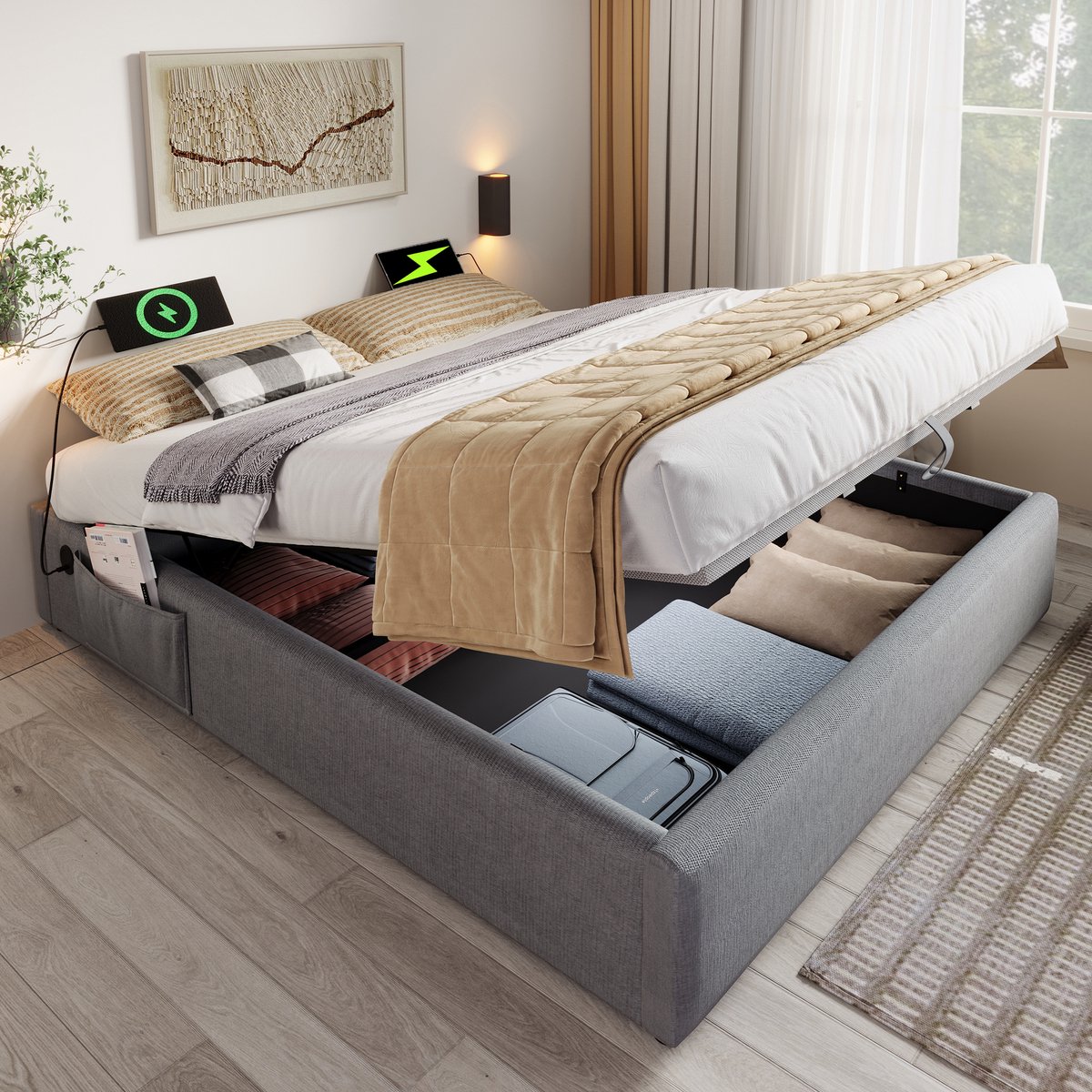 DESMIU Tweepersoonsbed 160x200 cm – Bedframe Met USB En USB C Oplaadfunctie – Opbergruimte Onder Bed – Voor Volwassenen – Stof – Zonder Matras – Grijs