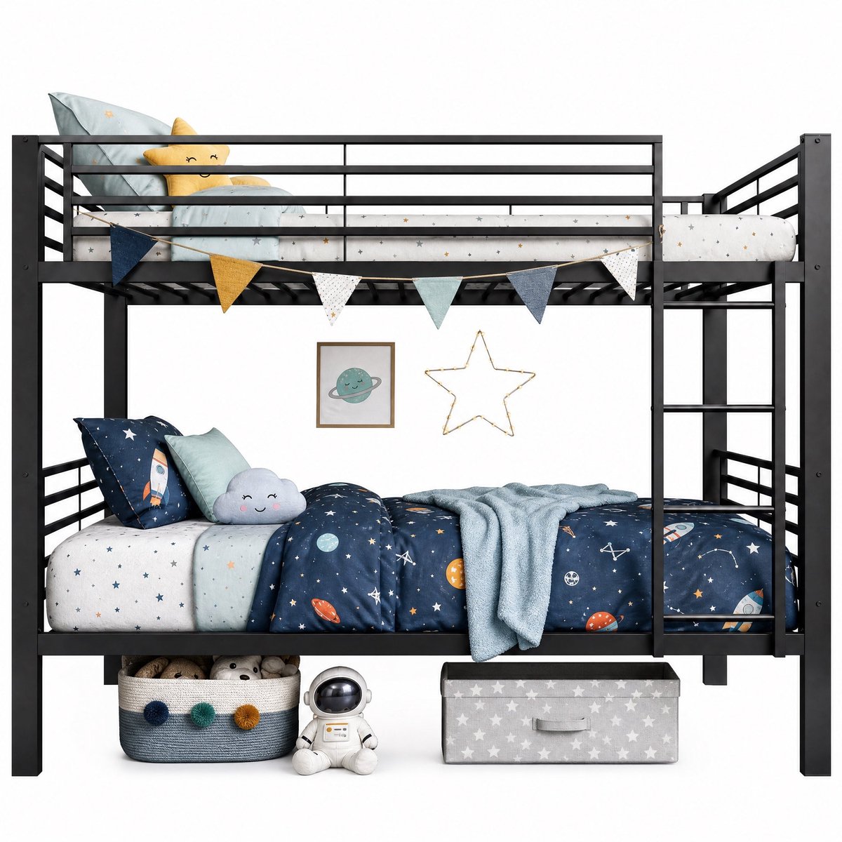 Merax Metalen Stapelbed 90 x 200 cm - Zwart - Ombouwbaar Tot 2 Eenpersoonsbedden - Draagvermogen 350 kg - Ladder Links Of Rechts - Metalen Lattenbodem