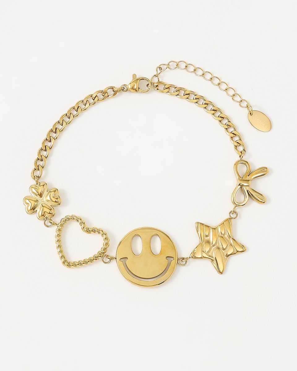 Nouka Dames Armband - Stainless Steel - Goud Gekleurde Schakelarmband - Met Bedels - Smiley - Ster - Hart - Cadeau voor Vrouwen - Cadeau Voor Moeder