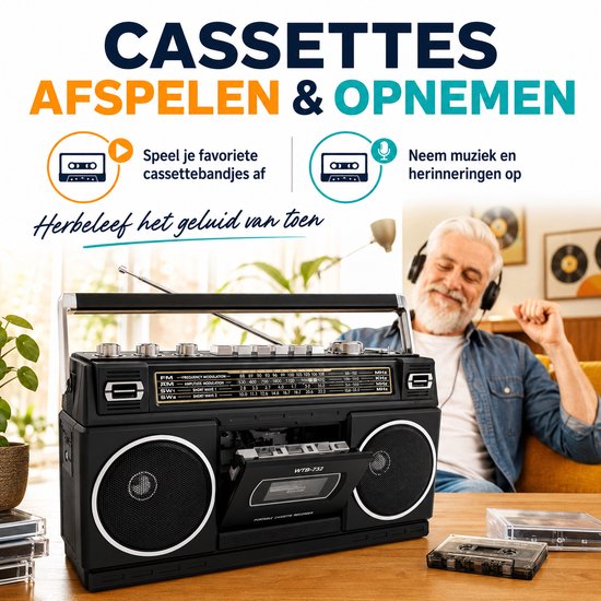 Retro Boombox met Cassette en Radio – Bluetooth Streaming – 24W Dual Fullrange Speaker — afbeelding 4