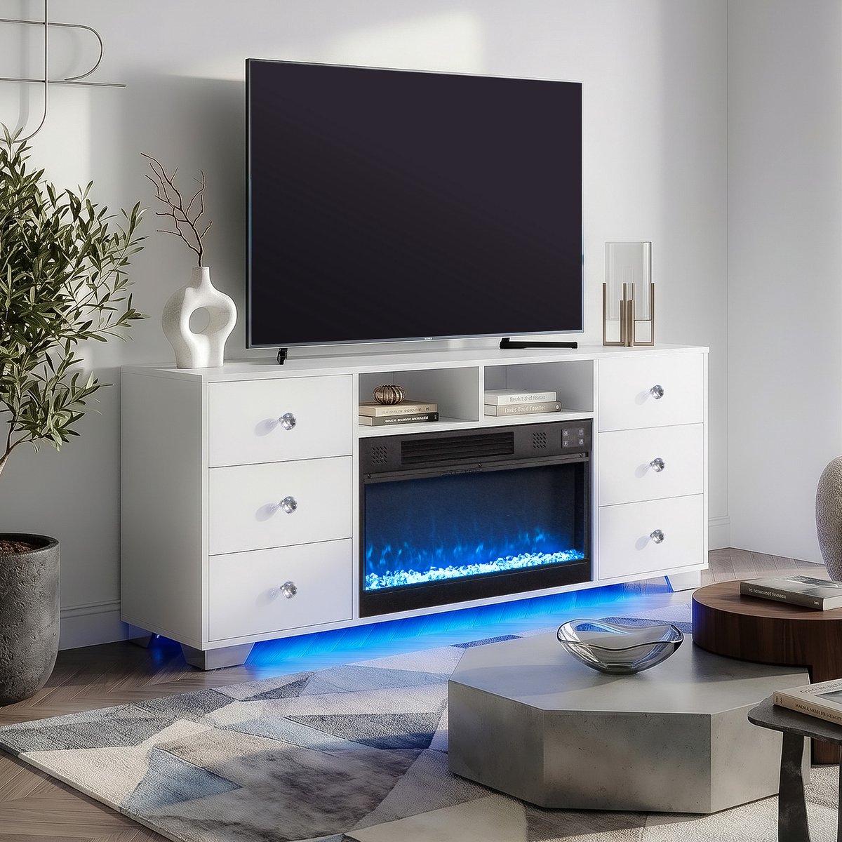 VANITII GLOBAL TV-Kast Met Elektrische Haard LED RGB 6 Lades WIT 140 x 40 x 65 cm