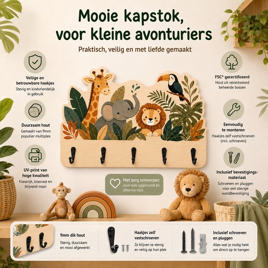 Houten kapstok met 5 haken, versierd met jungle dieren. Tekst: Mooie kapstok, voor kleine avonturiers.