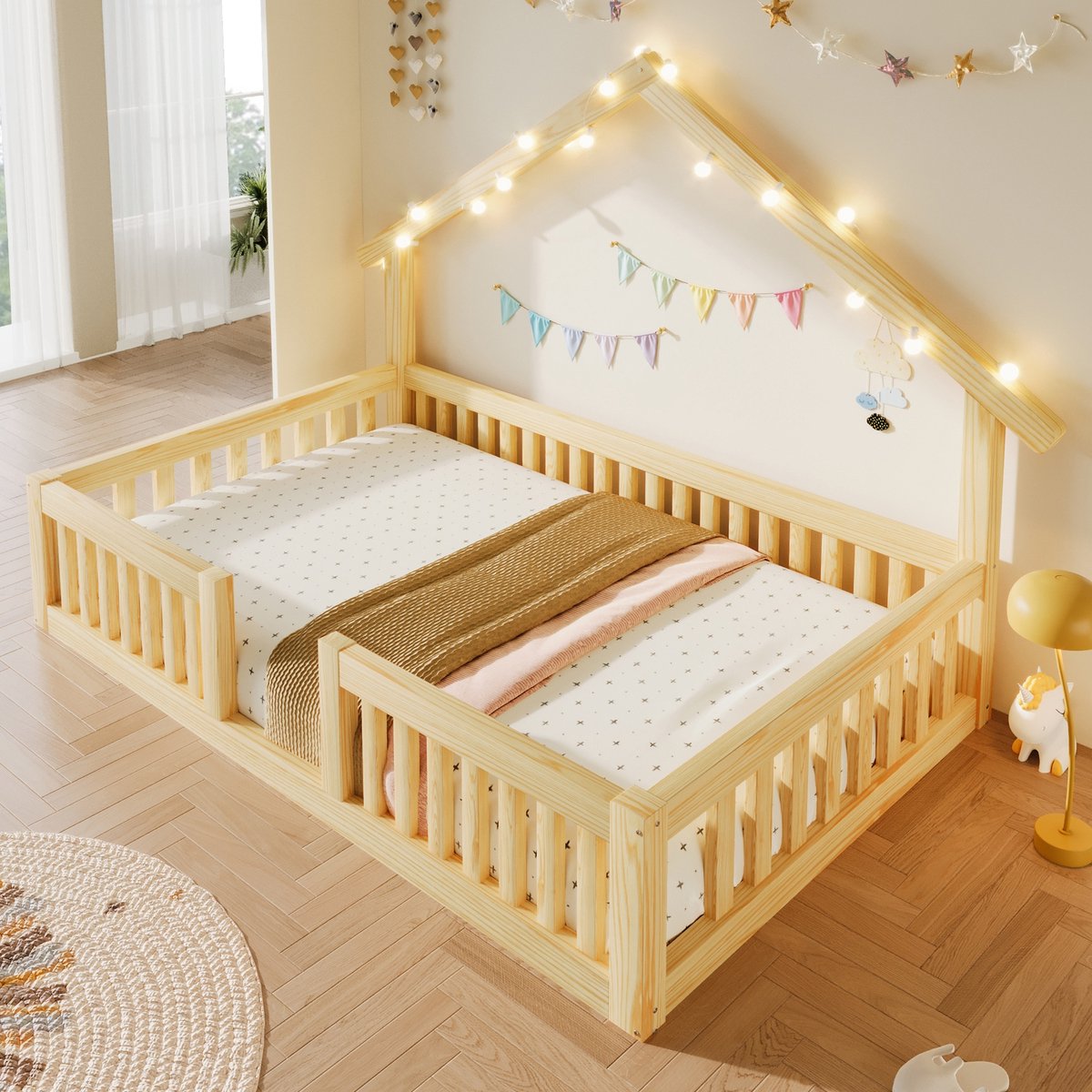 Sweiko Kinderbed - 90 x 200 cm - Houten bed - Met veiligheidshekjes - LED-lichtslinger - Huisvorm - Naturel houtkleur