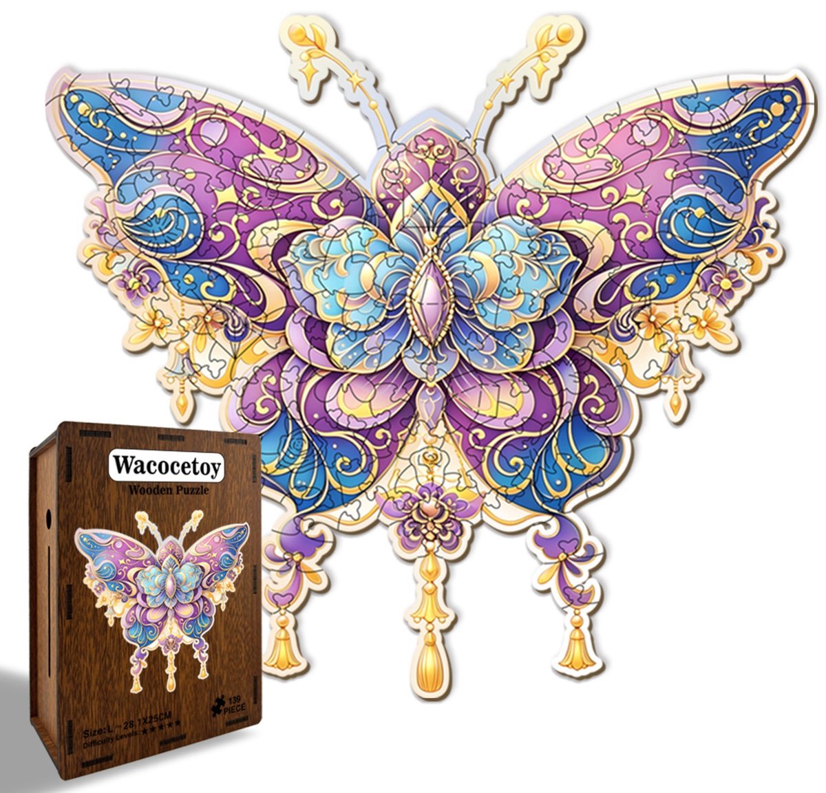 Casalora Houten Puzzel Paarse Vlinder 139 Stukjes - Dieren Legpuzzel Volwassenen - L