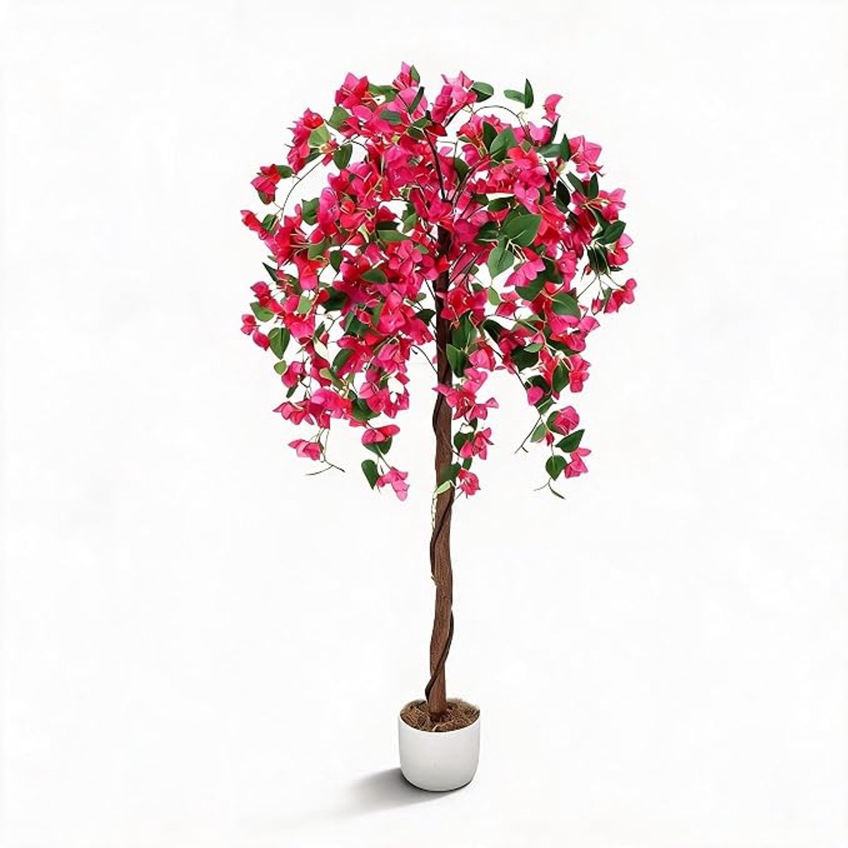 HOERFURIY - kunstbuganvilla, enkel stuk 150cm roze natuurlijke houtsteel, hoogdichte polyester bloemen met verzwaarde zwarte cementen pot