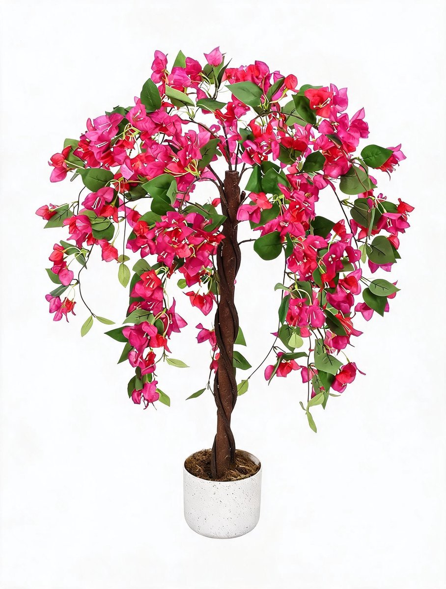 Danky - luxe kunstbuganvilla, 90cm roze hoogdetail natuurhout stam met cementen pot, exclusieve realistische interieurdecoratie