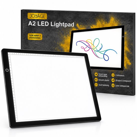 Doos van A2 LED Lightpad voor hobby & professional met functies: egaal licht, 3 lichtniveaus, adapter, touch bediening, ultradun & lichtgewicht.