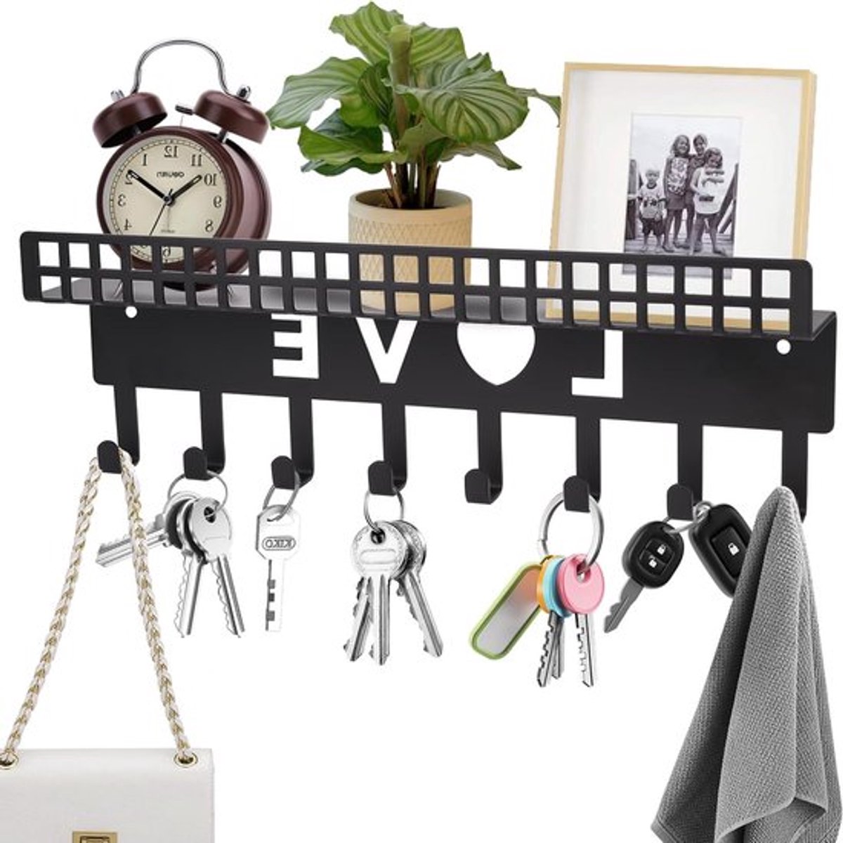 Muurbeugel voor Sleutels met Plank en 8 Haakjes, Ideaal voor Sleutelhangers, Brieven en Zonnebrillen in Huis, Kantoor en Hal