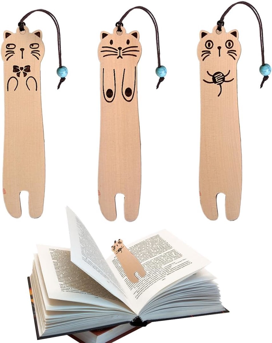 3 stuks boekenleggers - houten kat - boekenlegger - schattige boekenlegger - kat - handwerk - bladwijzer - hout - cadeau voor vrouwen - leraren - studenten - boekenliefhebbers - lezen - kattenliefhebbers