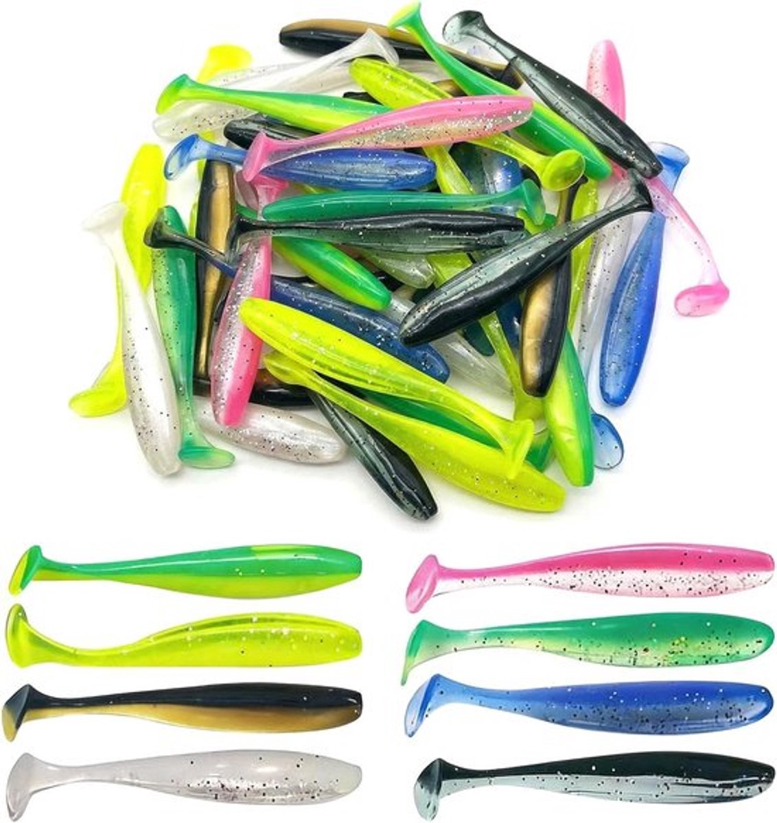 Set van 50 Rubber Vissen Baits 7.5cm Met Reflecterende Sequins, Zwem Bait Kit en Verborgen Haakslots voor Snoek, Zander en Forel