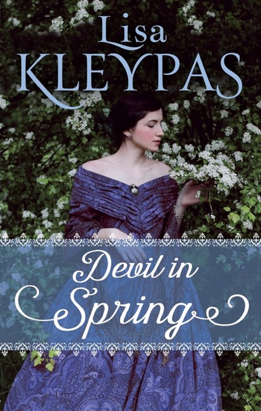 Femme en robe violette ornée de fleurs, titre "Devil in Spring" par Lisa Kleypas.