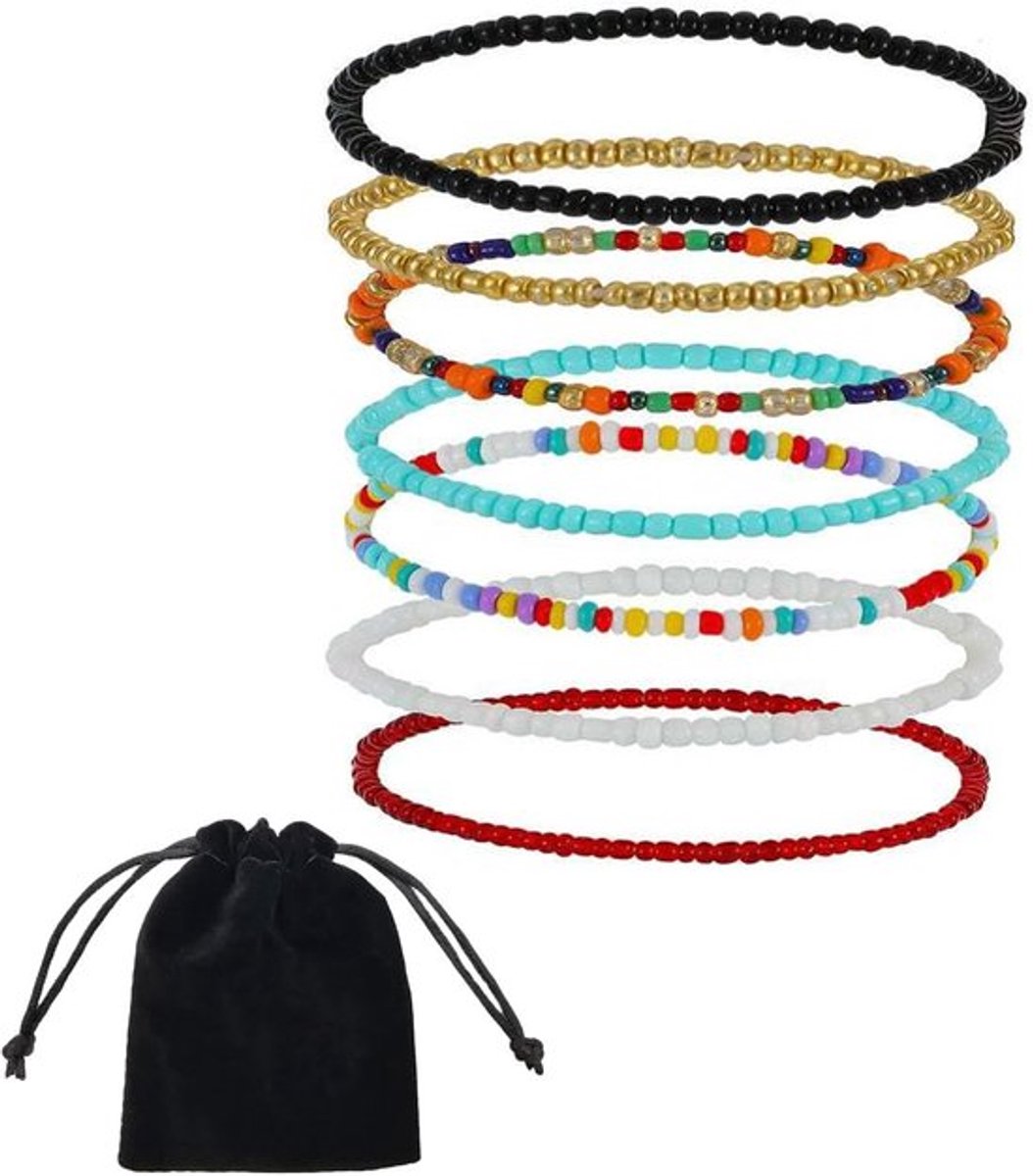 Kleurrijke Boho Enkelbandjes van Handgemaakte Rijstparels, Multi-laags Voetjuwelen, Set van 7 Stuks