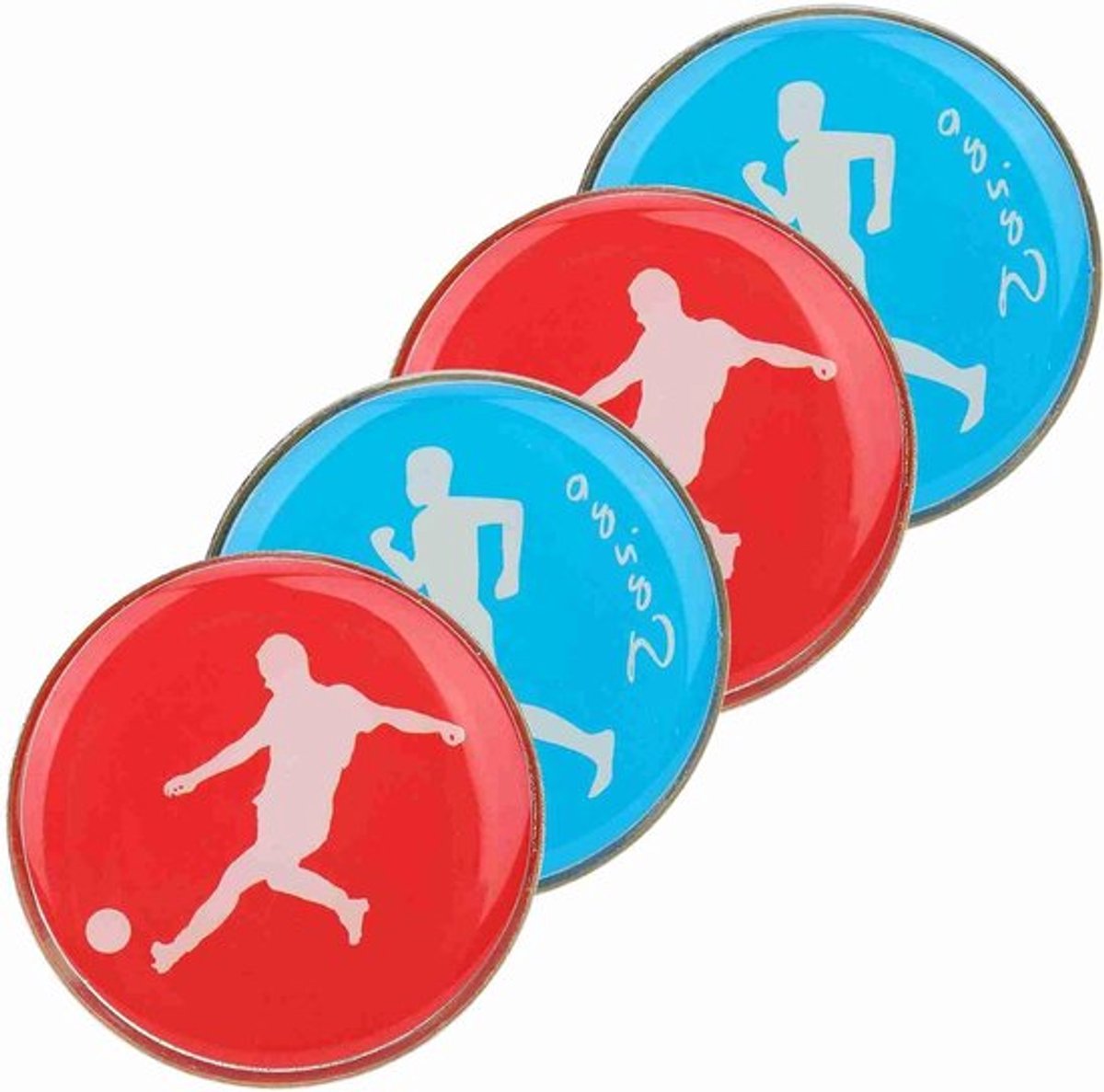 Set van 4 scheidsrechtersmunten, dubbelzijdig met patroon voor voetbal, volleybal en tafeltennis, metalen munten in blauw en rood, 35x2mm, perfect voor sportevenementen en wedstrijden