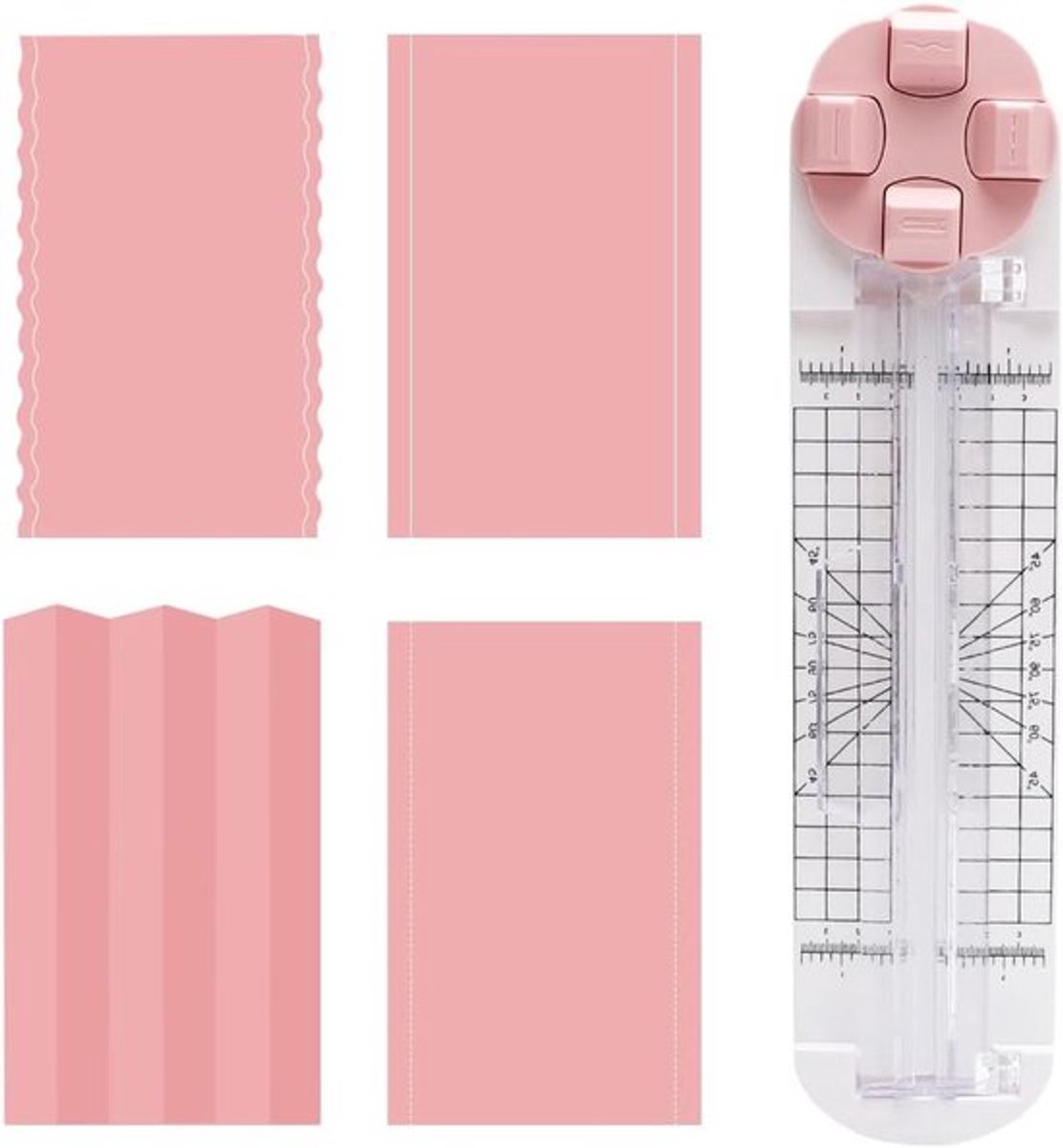 4 in 1 Snijmachine voor Papier, Hoogste Precisie, Recht, Golvend, Gestippeld en Vouwlijnen voor Creatief Knutselen, Postkaarten en Scrapbooking (Roze)