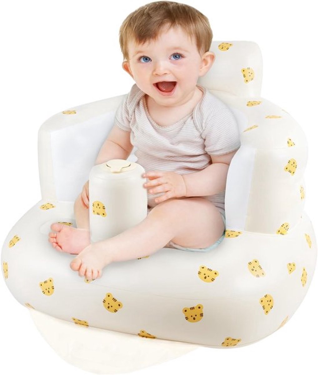 Opblaasbare Babystoel met Rugsteun voor Baby's vanaf 3 Maanden, Ideaal voor Buiten en Babyshowers, Comfortabele Zomerstoel met Tijgerkoppatroon