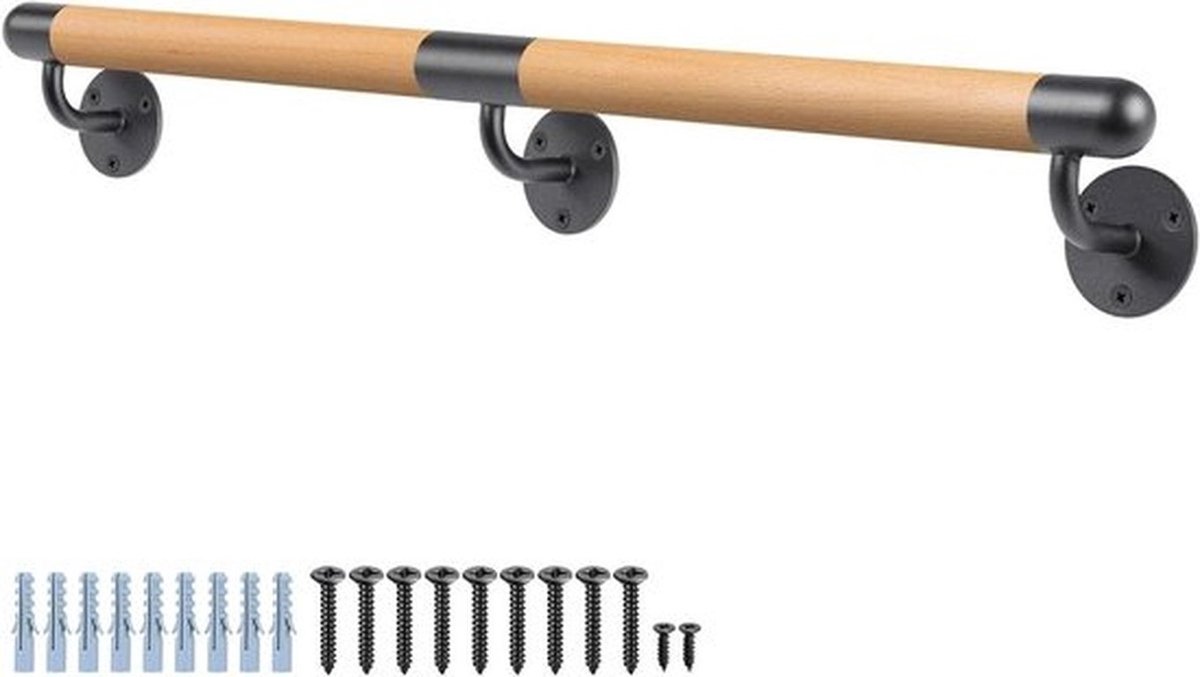 Houten leuning 200cm Handrail Trapleuning 3.8cm rond Antislip Veiligheidsbeugel Wandmontage Barrièrevrije Trap Balustrade voor jongeren en ouderen tot 500lb interieur & - inclusief All-in-One montagekit