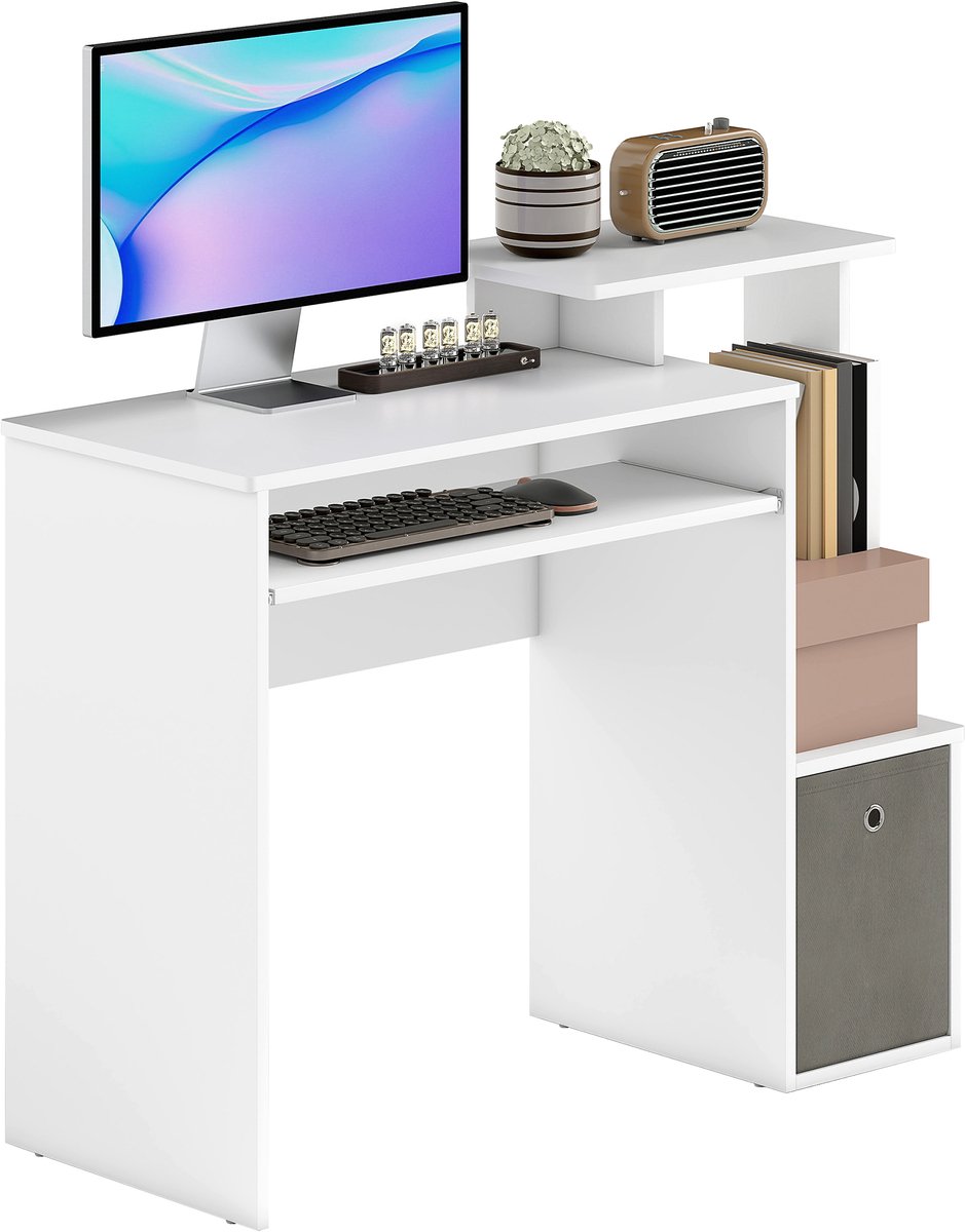 Multimedia bureau - Met opbergplank voor tablet en toetsenbord - Grijs - Spaanplaat wit