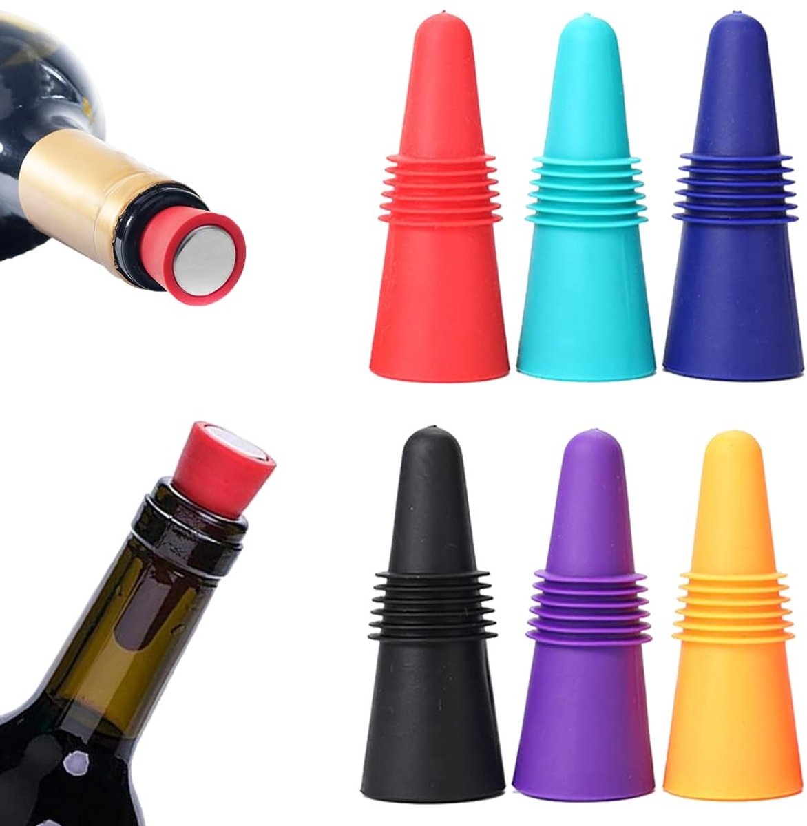 Solidchoice - Set van 6 Wijnstoppers - Silicone en Roestvrij Staal in Diverse Kleuren