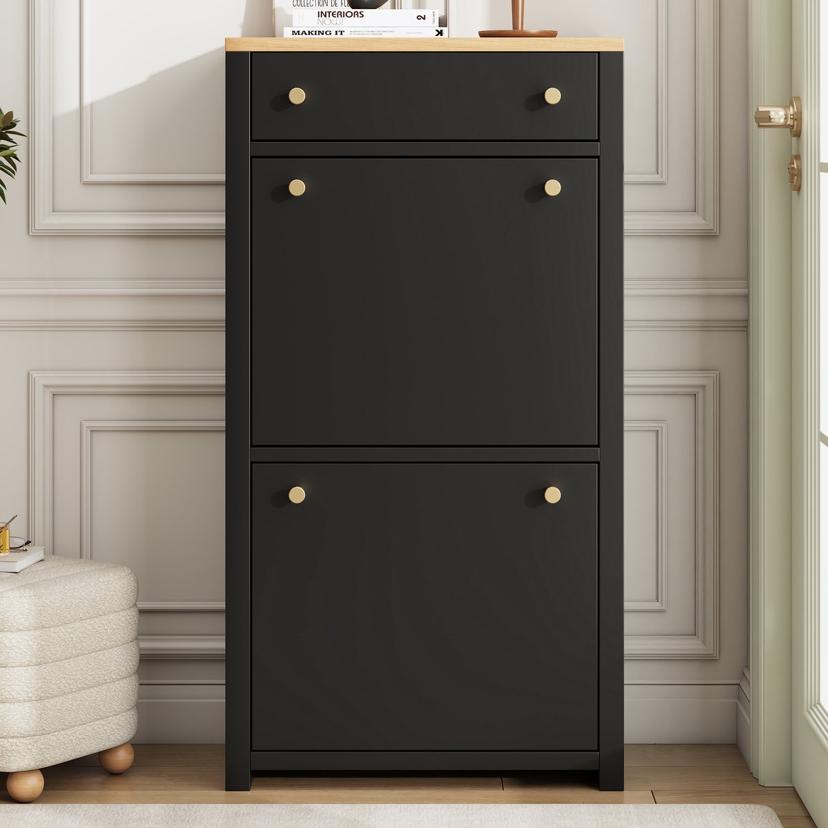 VVBV Schoenenkast 50x25x95 cm - Smal Ontwerp, Verstelbare Planken, Opbergruimte, Met Lades - Zwart/Naturel, MDF