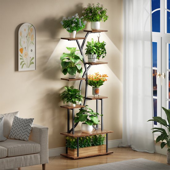 Plantenstandaard met verlichting 8 Niveaus - Plantentrap - 163 cm Hoog - Industrieel Design - Metaal & Hout - Woonkamer & Balkon - Tijgerhout Plantenstandaard met verlichting 8 Niveaus - Plantentrap - 163 cm Hoog - Industrieel Design - Metaal & Hout - Woonkamer & Balkon - Tijgerhout