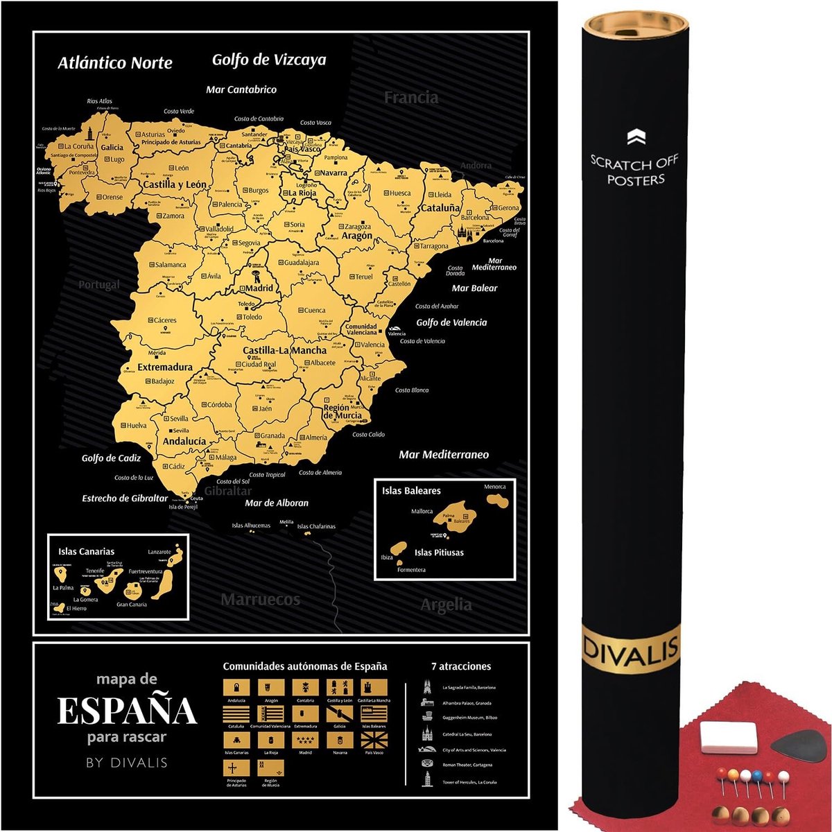 Solidchoice - Divalis Scratch Road Map van Spanje - Grote Kraskaart per Provincie en Stad