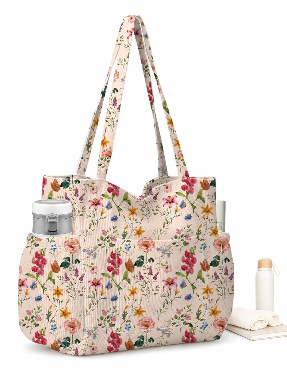 VHV - Corduroy schoudertas dames - Ruime tote bag met 6 vakken en rits - voor werk, reizen en dagelijks gebruik