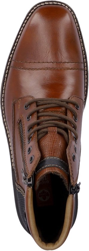 Vue de dessus d'une botte courte en cuir marron avec lacets et fermeture éclair latérale.