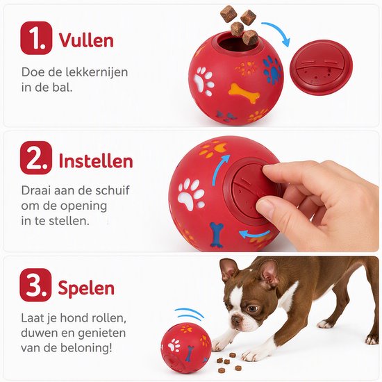 Instructies voor een rode bal met pootafdrukken: vullen, instellen, spelen met hond.