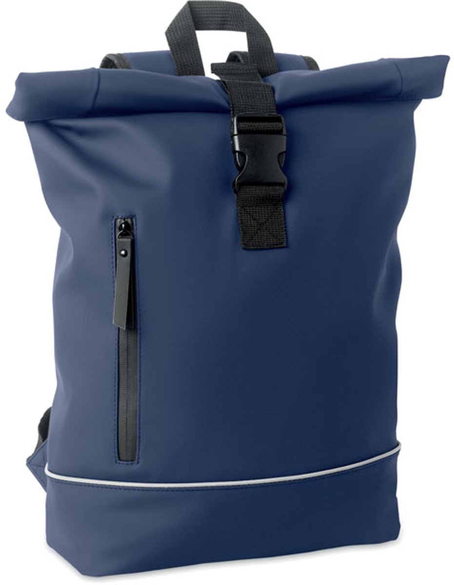 15 inch rolltop laptoprugzak in zacht PU met gevoerde achterkant en basisversterking met reflecterende strip. Blauw