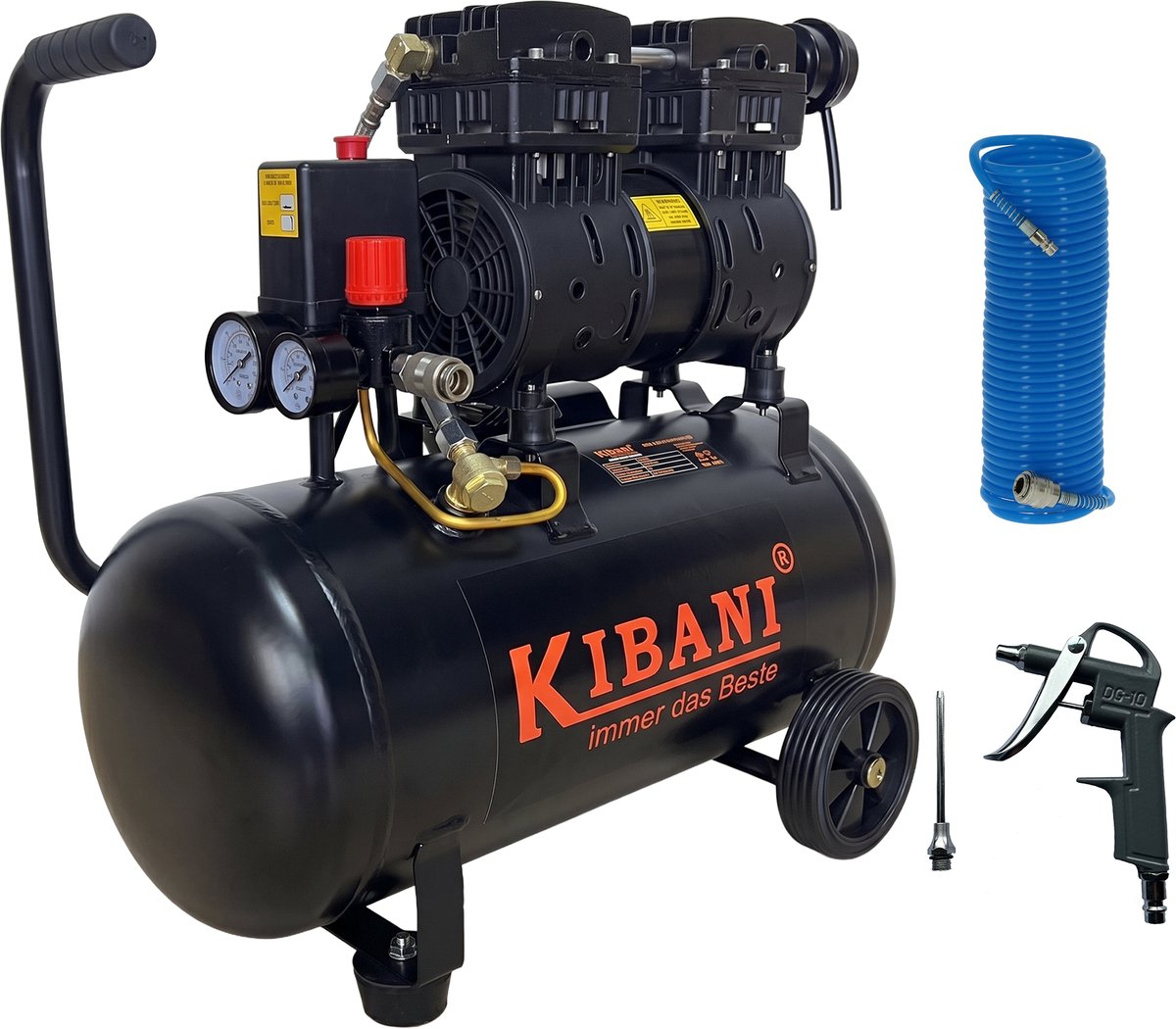 Kibani Super Stille Ecoline Compressor 24 Liter + Luchtslang 10 Meter + Luchtspuit - SET - Olievrij - 8 Bar - 116 L/min