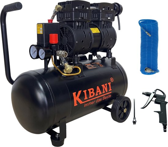 Zwarte Kibani compressor met 24L tank, twee wielen, handvat, luchtslang en luchtspuit.