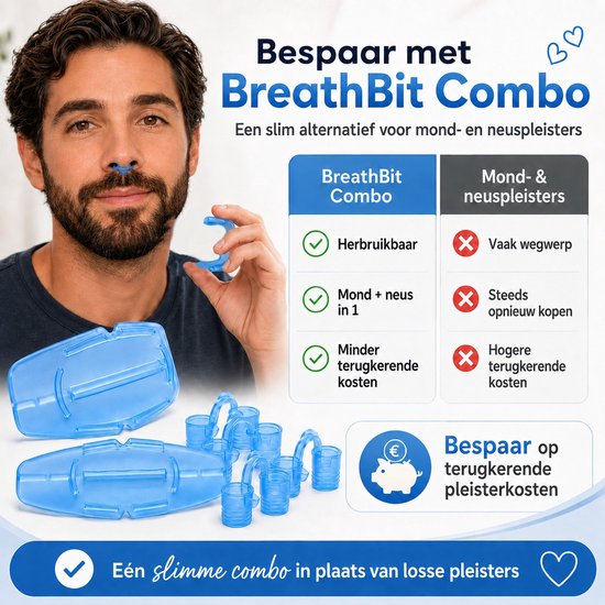Man met blauwe BreathBit Combo in neus en mond. Links een vergelijking met mond- & neuspleisters.