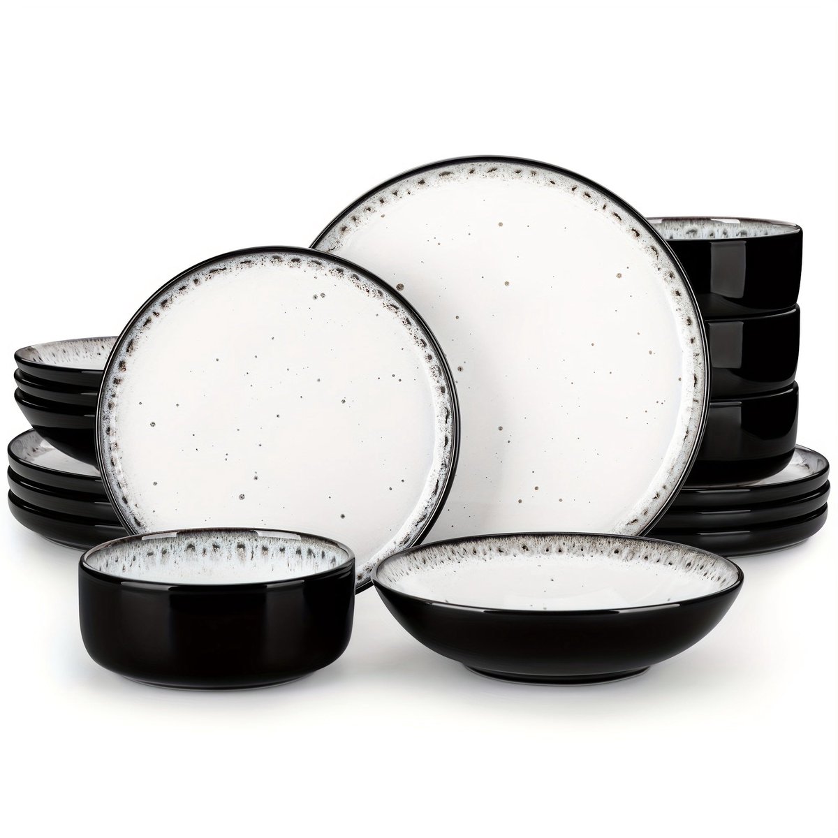 Home & Beyond® Serviesset 16-delig - Servies voor 4 Personen - Bordenset en Kommenset - Glazuurafwerking met Donkere Rand - Beige Zwart - Dinerborden 26 cm