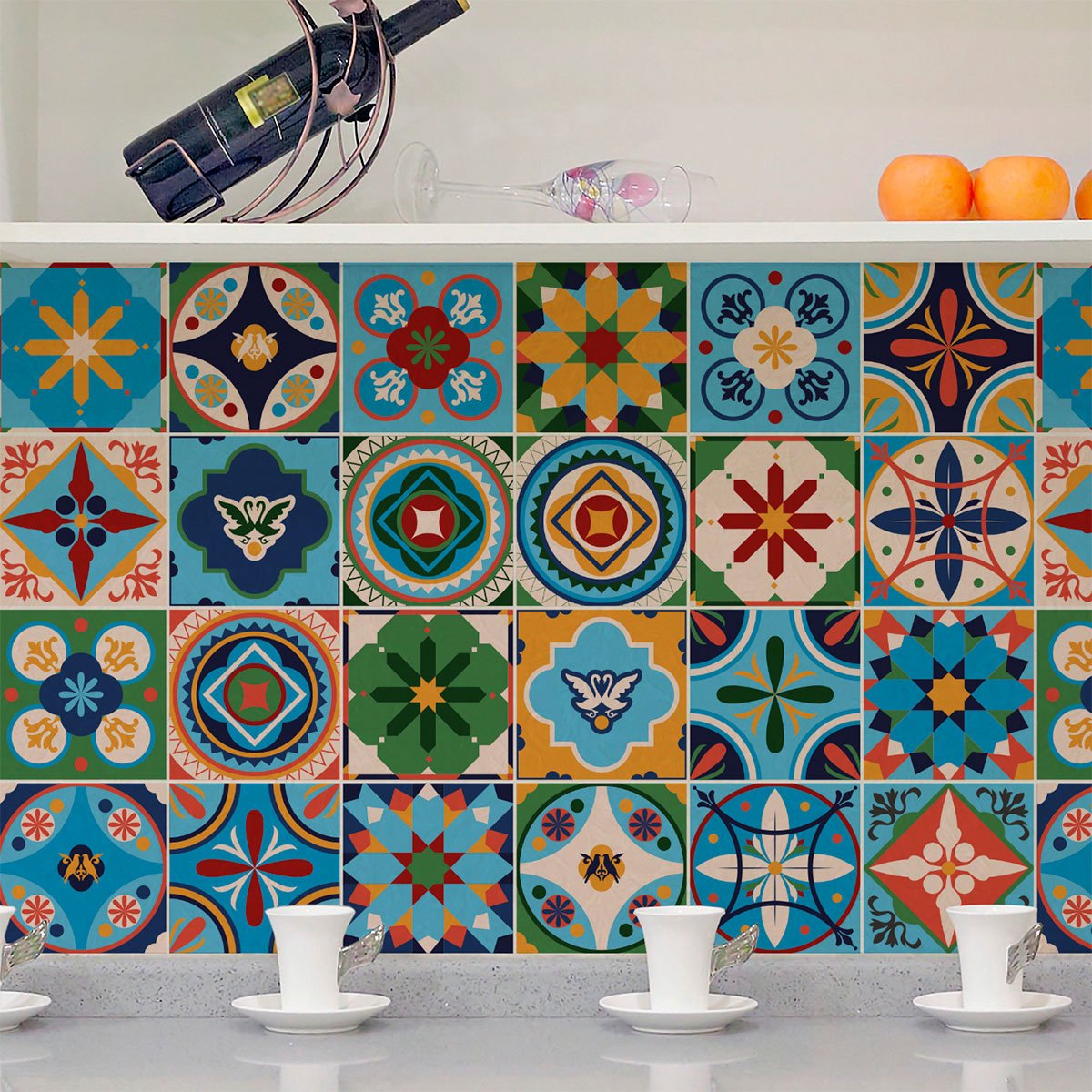 Ambiance Sticker Zelfklevende tegelmuurstickers voor keuken en badkamer - 24 cementtegelstickers, Azulejos Lidina - 24 stickers, 10x10cm Multi color