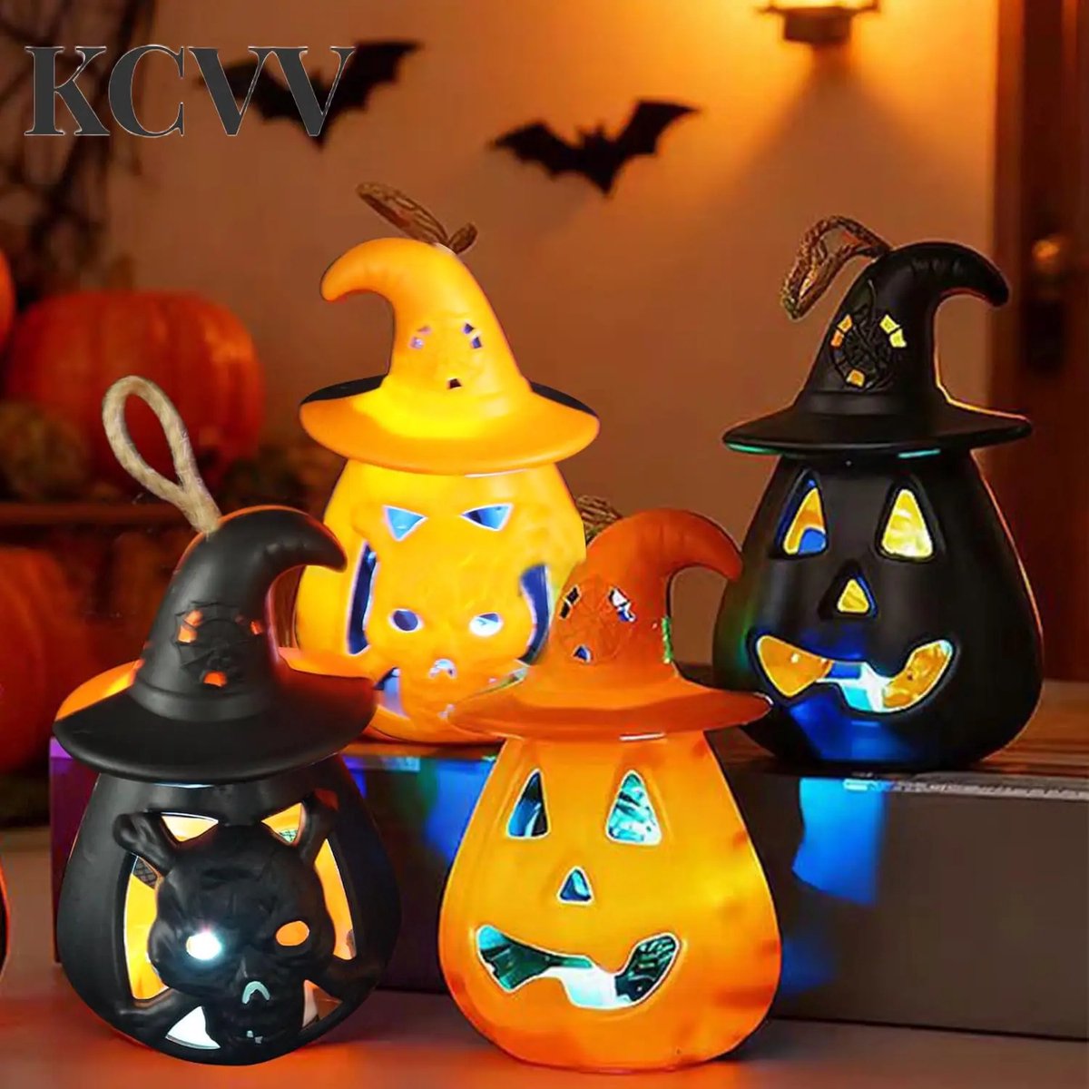Halloween pompoenen met licht-halloween verlichting-4-delige Halloween-lantaarnset met LED-verlichting - Halloweenlantaarns, pompoenlantaarns - Vintage pompoenlantaarns - Halloween-decoratie voor de eettafel en tuin - 12x8 cm