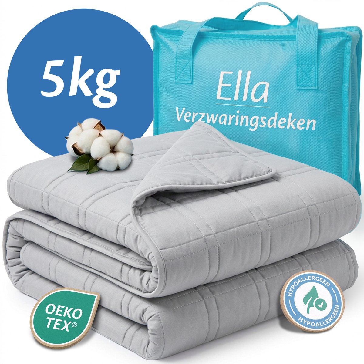 Ella Verzwaringsdeken 5 kg - OEKO-TEX Katoen Zwaartedeken 135 x 200cm - Weighted Blanket - Verzwaarde Deken - Grijs
