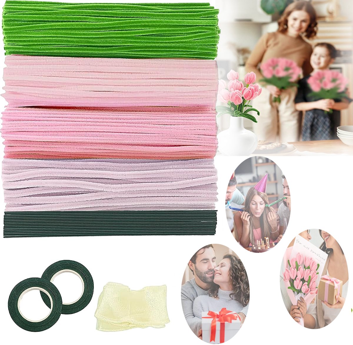 Pijpenragers Voor Het Maken Van Bloemen, Diy Tulpenboeket Kit, Bloemenpakket Met Pijpenrager, Met Chenille Stengels en Pluizige Stokjes