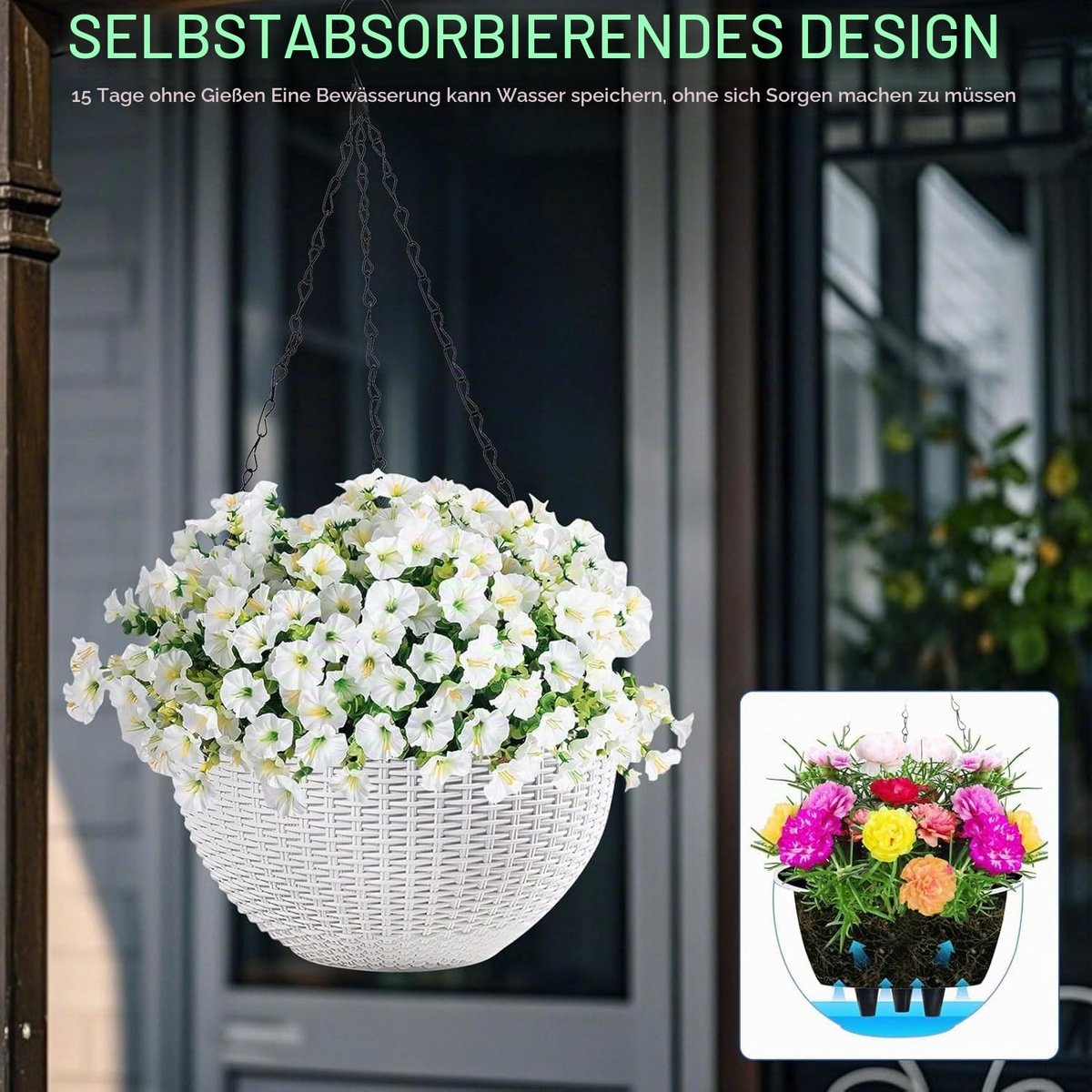 Hangmand van kunststof voor binnen en buiten, set van 2 bloempotten met ketting, zelfwaterende hangende plantenpotten voor bloemen, plafonds, balkons en tuinen(rood) — cadeau in Wonen & Interieur - foto 5